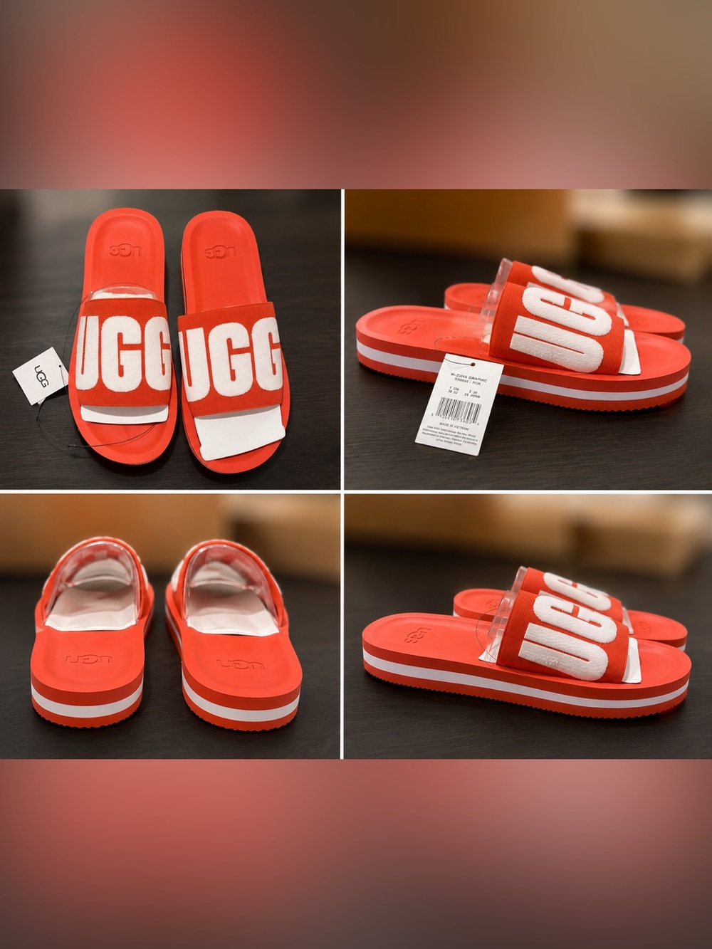 UGG Kids Bright Red Logo Slide Sandals with White Accent